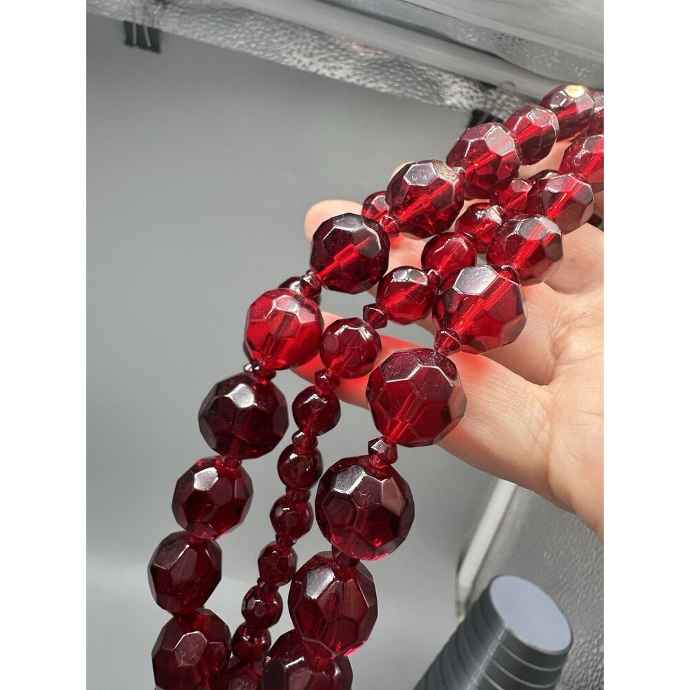 Vintage 42” Long Faceted Red Glass Bead Necklace & Earring Set